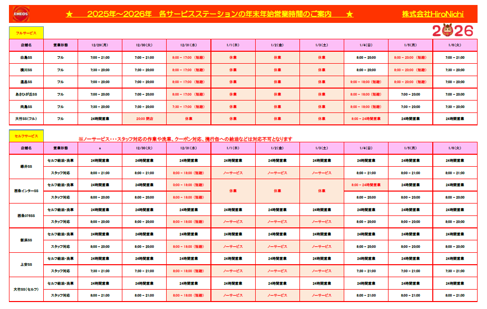 各サービスステーション年末年始営業時間のご案内